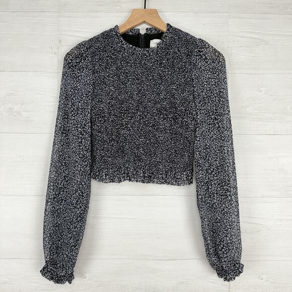 Aritzia Wilfred Tempest Blouse Size S Black Floral Smocked Puff Sleeve Cropped - Picture 1 of 16
